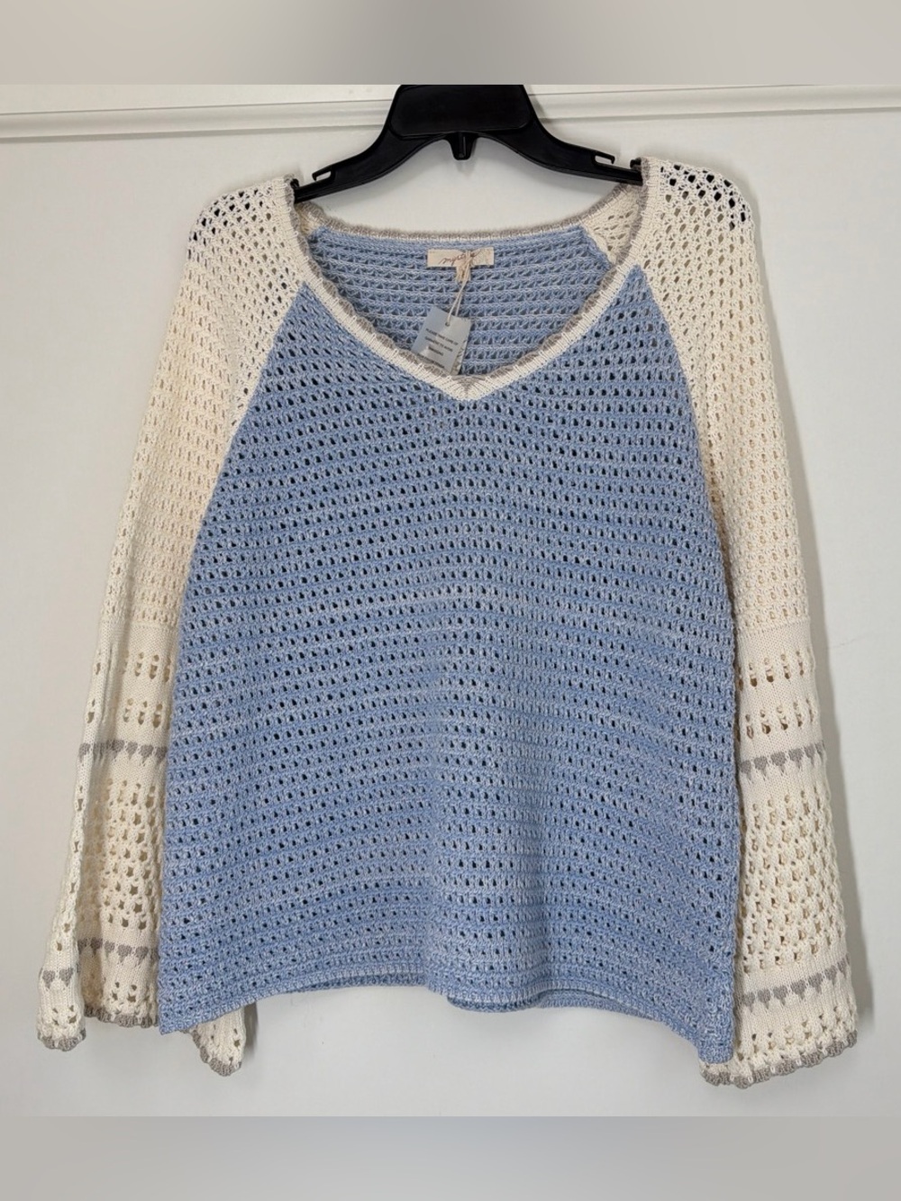 Mystree Milky Blue Color Block Crochet Sweater Bell Sleeve Size Medium NWT